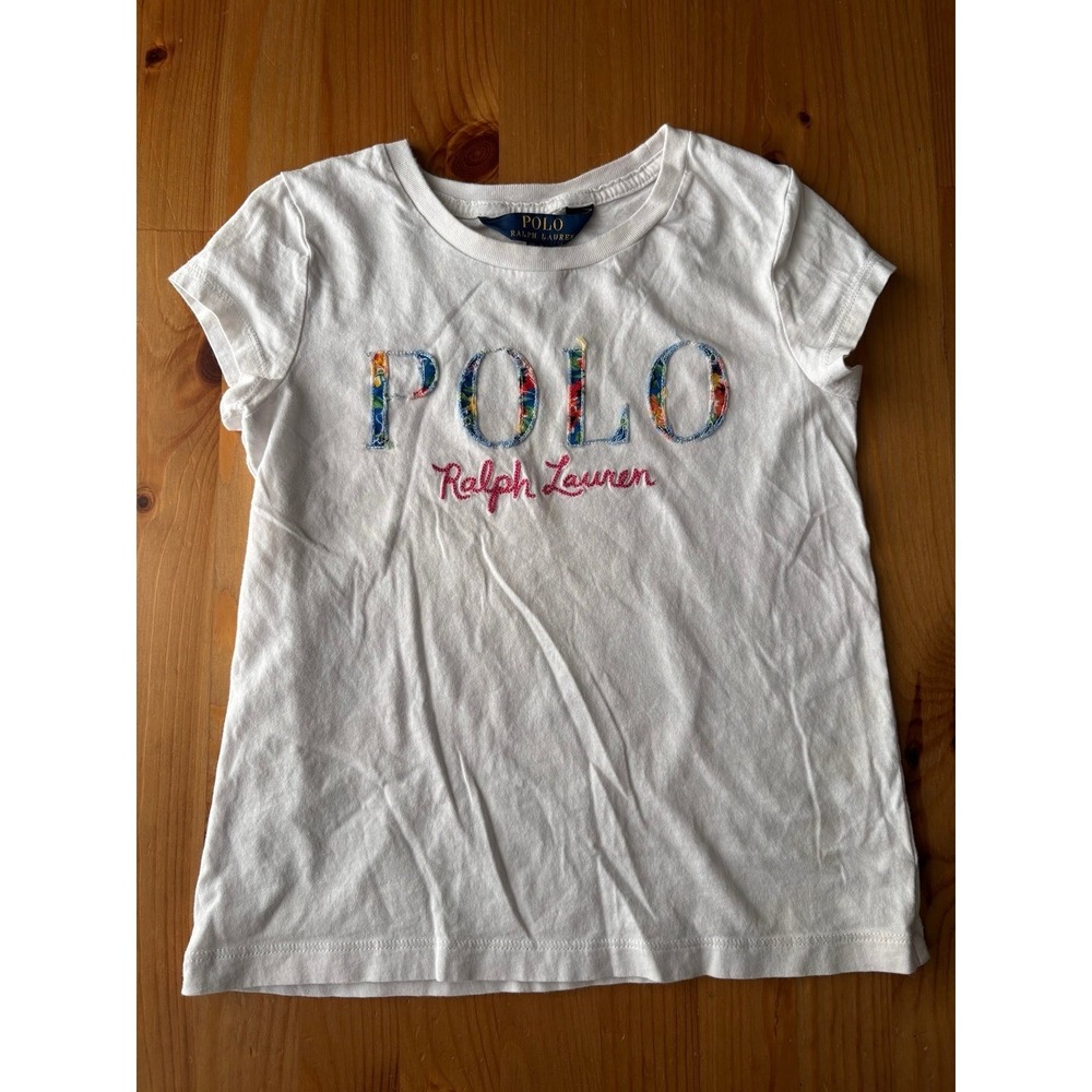 Girls' Polo Ralph Lauren White Cotton T-Shirt With Floral‎ Logo Size 6